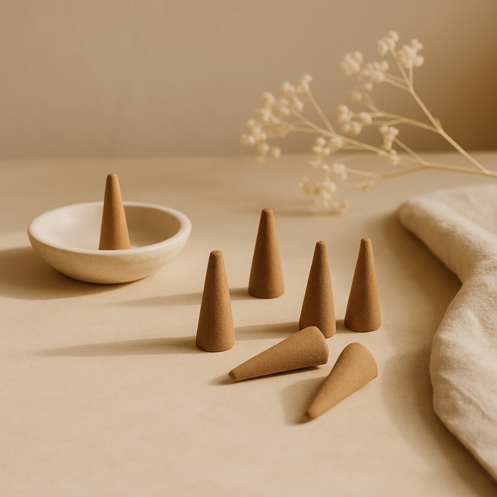 Foto dupa cone kurus non-aroma, diameter 1 cm tinggi 4 cm, disusun di atas meja cream aesthetic dengan pencahayaan lembut.
