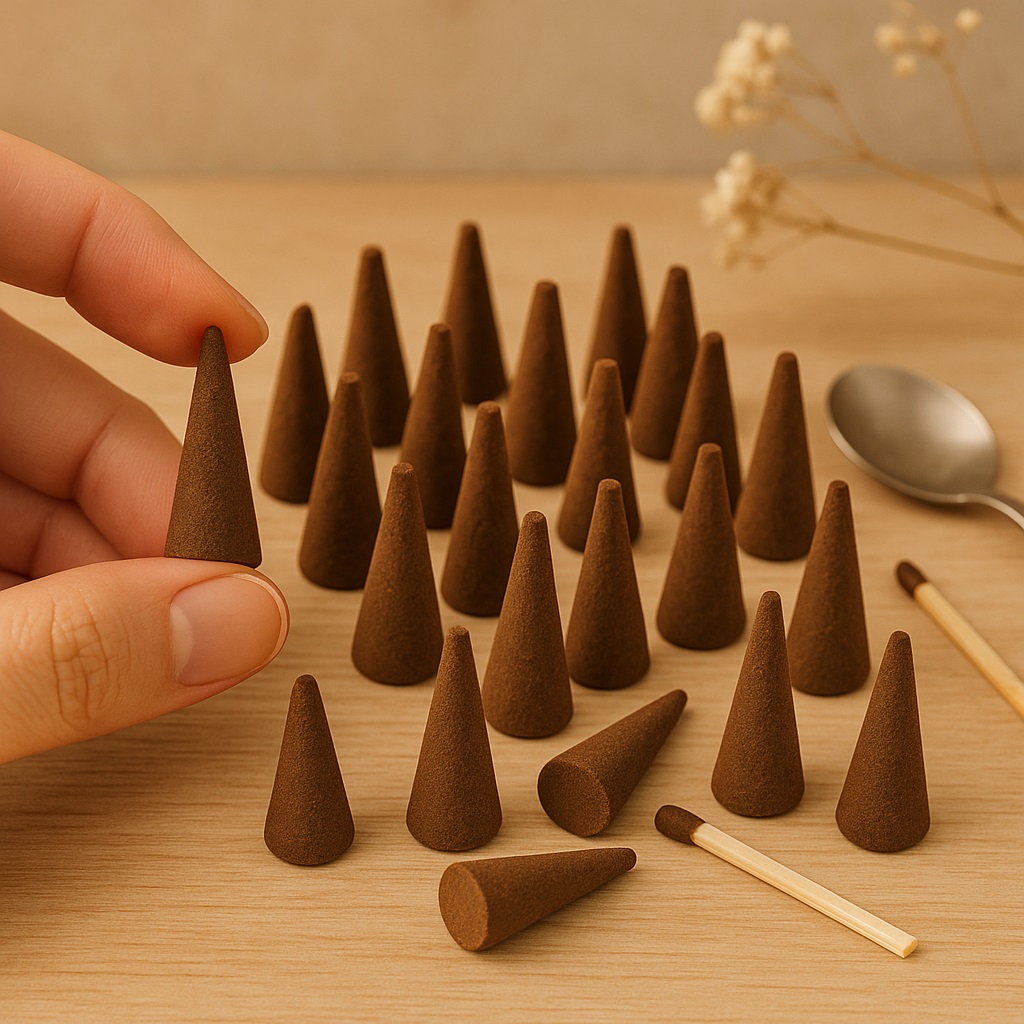 Gambar dupa cone mini non-aroma, tinggi 3 cm diameter 1.3 cm, warna natural tersusun rapi di latar studio aesthetic.