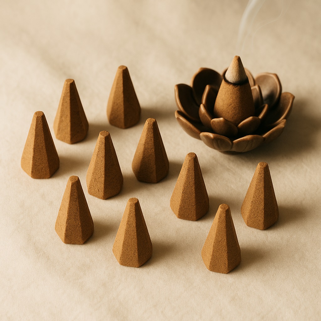 Gambar dupa cone bentuk segi enam non-aroma ukuran 2 cm x 4 cm, tampil unik dan menarik dalam susunan simetris.