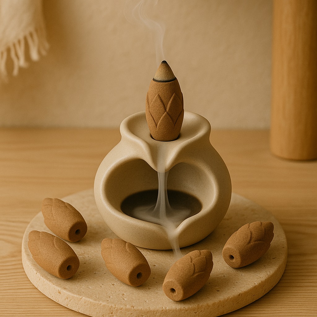 Foto dupa cone peluru kembang dengan efek asap ke bawah, non-aroma, ukuran 1.8 cm x 3.3 cm, estetis dan elegan.