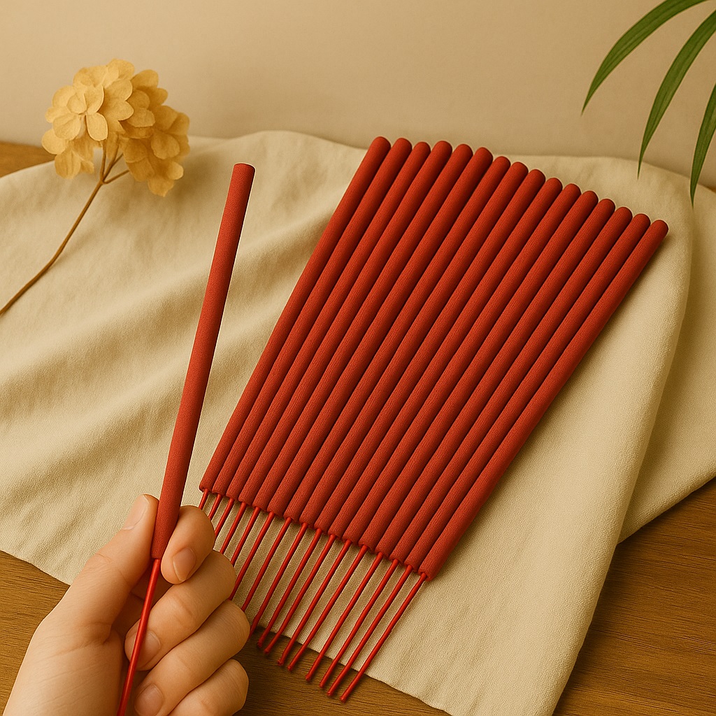 Gambar dupa stick besar non-aroma panjang hingga 1 meter, dengan tampilan premium studio dan latar netral.