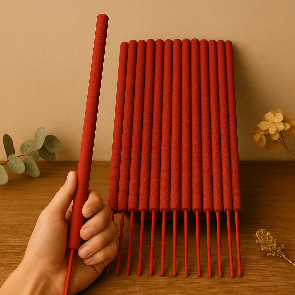 Gambar dupa stick besar non-aroma panjang hingga 1 meter, dengan tampilan premium studio dan latar netral.